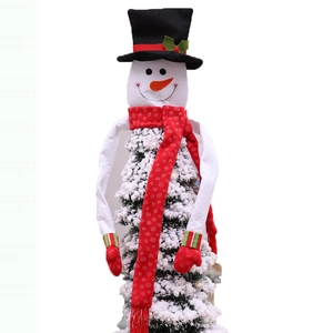 Plush snowman Christmas tree topper with black hat, red scarf and striped gloves