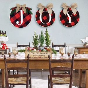 Three-piece JOY Christmas wreath set with red and black buffalo plaid and pine needles