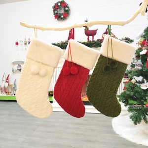 Chunky Knit Christmas Stockings With White Faux Fur Cuff Pompoms Large Cable Knit Holiday Gift Bags Hanging Fireplace Christmas Tree Decoration