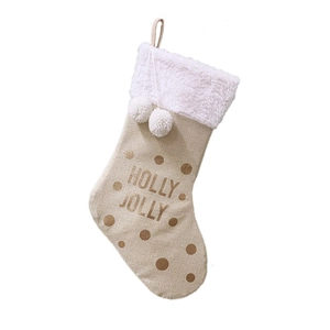 Calza di Natale in lino con stampa Holly Jolly dorata e bordo in peluche bianco