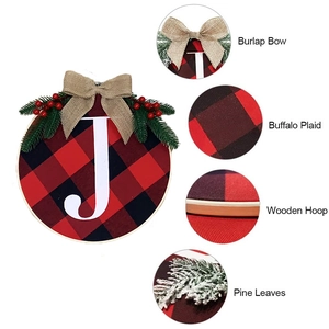 Christmas JOY red and black buffalo plaid door wreath with burlap bow and pine needles