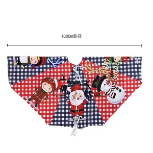 100cm knitted Christmas tree skirt with red plaid and festive cartoon characters