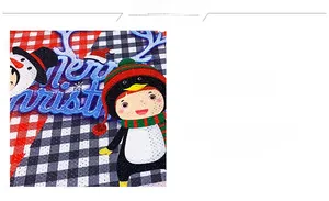 Detail of Christmas tree skirt featuring snowman penguin and Merry Christmas glitter text