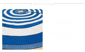 Close-up of blue and white striped knit Christmas tree skirt with hollow weaving detail