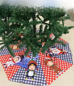 Detailed Christmas tree skirt with festive penguin and snowman print over plaid patterns