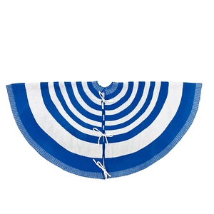 Blue and white striped knitted Christmas tree skirt with tie closures for festive decor