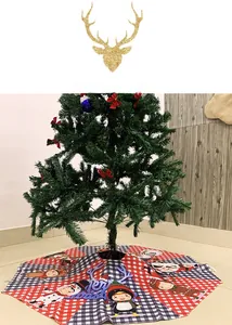 Detail of Christmas tree skirt with festive reindeer and snowman patterns in plaid design
