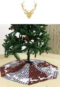 Detail view of plaid Christmas tree skirt with reindeer prints and securing ties