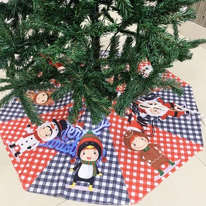 Knitted plaid Christmas tree skirt featuring cartoon penguin, reindeer and snowman patterns