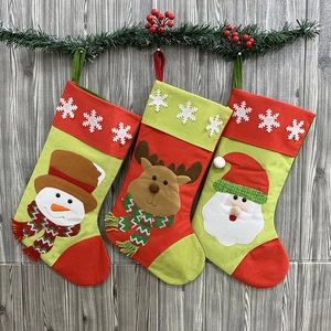 Large Christmas Stocking Red Green Embroidered Santa Snowman Reindeer Applique Fireplace Hanging Gift Bag Holiday Decor