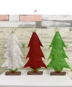 Three felt Christmas trees with sequins and wooden bases for holiday tabletop decor