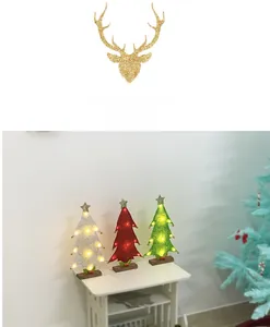 Three-piece LED light-up felt Christmas trees with golden stars on wooden bases