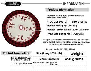 Detail view of 122cm red and black plaid Christmas tree skirt with reindeer pattern