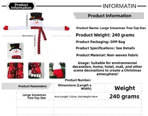 Detailed size chart for the large Christmas snowman tree topper with dimensions and fabrics