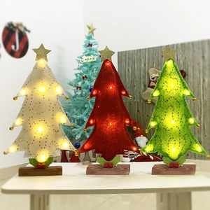 Three-piece felt Christmas trees with LED lights, sequins, and wooden bases for desks