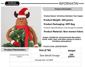 Detailed specs of reindeer Christmas tree topper with red scarf and holiday hat