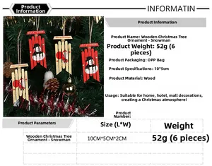 Detail of wooden Santa and Snowman Christmas tree ornaments with Merry Christmas text