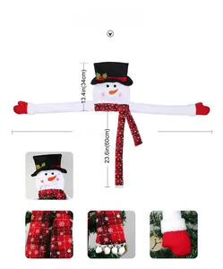 Detailed views of plush Christmas snowman tree topper with dimensions and fabric texture