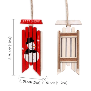 Detailed size chart for wooden Christmas sled ornament with snowman print and dimensions