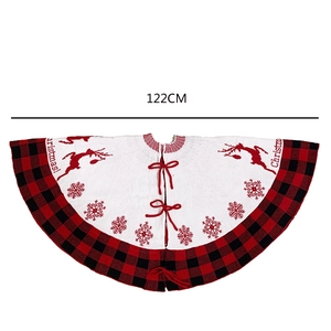 Red and black buffalo plaid Christmas tree skirt with white center and elk pattern 122cm