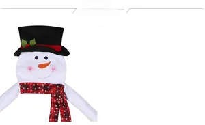 Detail of Christmas snowman decoration with black hat and red plaid scarf on white background