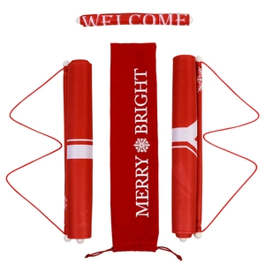 Red Christmas porch banner set with Merry Bright storage bag and hanging rope hardware