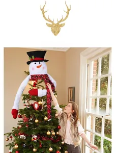 Detailed view of a plush snowman tree topper with buffalo plaid scarf on a Christmas tree
