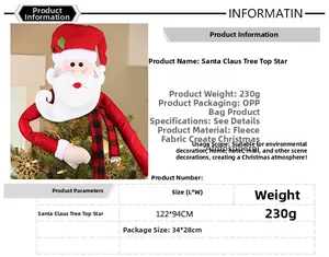 Detailed size chart for Santa Claus tree topper made of soft brushed fabric