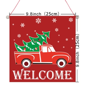Detail view of 9.8 inch square red Christmas welcome sign with truck and tree