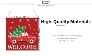 Detail of 25x25cm red Christmas door banner with truck and Welcome greeting