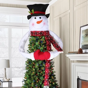 Detailed plush snowman tree topper with long plaid scarf and bendable arms decoration