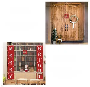 Close-up of red Merry and Bright Christmas door banners with festive snowflake patterns