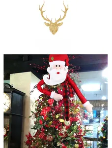 Detail of Santa Claus tree topper with bendable arms and red plaid scarf decoration