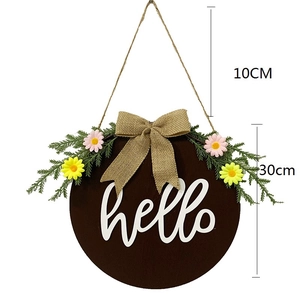 30cm wooden Hello door wreath with burlap bow, greenery and colorful daisies