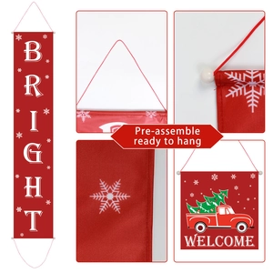 Detail of red Christmas banner set featuring Bright and Welcome lettering with truck design