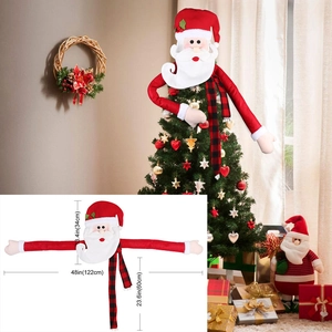 Detail of Santa Claus tree topper with long bendable arms and red plaid scarf decoration