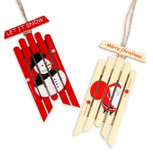 Wooden Christmas sled ornaments featuring Santa and Snowman designs with hanging twine