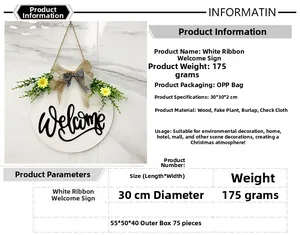 Detail of wooden welcome sign with flowers, size 30x30x2cm and weight 175g features