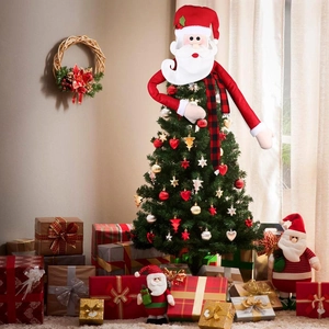 Funny Santa Claus tree topper with long arms and plaid scarf for Christmas decor