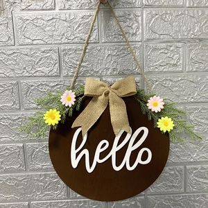 Rustic Pine Wood Hello Welcome Sign Wreath For Front Door Easter Home Wall Decor With Burlap Bow Artificial Daisy Flowers Greenery
