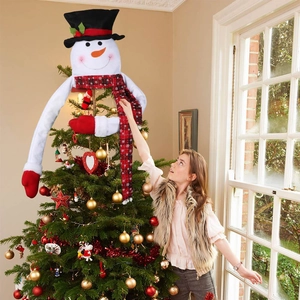 Detailed view of snowman Christmas tree topper with long plaid scarf and flexible arms