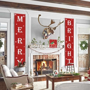Red Christmas banner set featuring Merry and Bright text for indoor fireplace decor