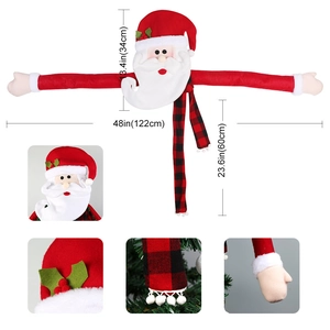 Detailed views of plush Santa tree topper with dimensions and red-white fabric textures