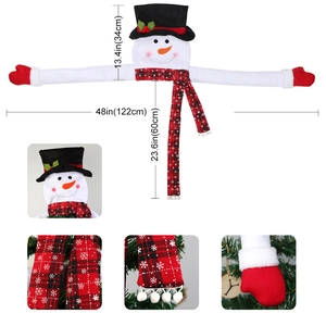 Detailed view of snowman Christmas tree topper with red scarf and 48-inch arm span