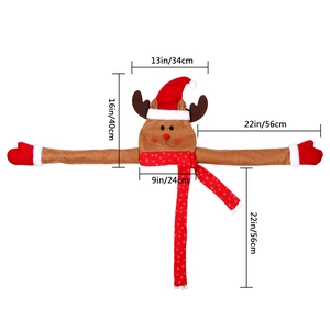 Detailed view of plush reindeer Christmas tree topper with dimensions and red snowflake scarf