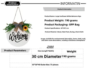 Detail of 30cm white wooden sunflower welcome sign with burlap bow and artificial greenery