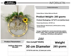 Close-up of wooden Easter welcome wreath with sunflowers, LED lights and a plaid bow