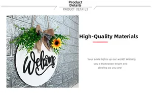 Close-up of white wooden welcome sign with sunflower and burlap bow decoration