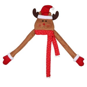 Brown reindeer plush hat with red Christmas cap and snowflake patterned scarf set
