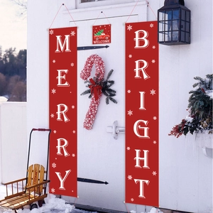 Outdoor Christmas porch banner set with Merry Bright letters and red truck on snow